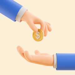 Cartoon man hand giving or lending a money coin, business partners