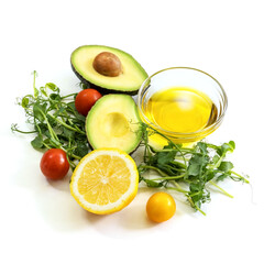 Ingredients of healthy food. Micro green pea sprouts, olive oil, tomato, avocado, lemon. Ketogenic low carbs diet concept. Isolated on a white background
