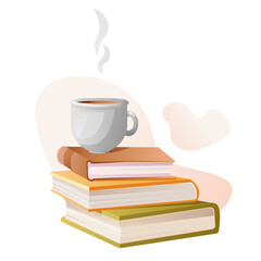 A stack of books with cup of tea or coffee. Vector autumn illustration of a cup of hot tea on books with falling autumn leaves. Cozy autumn. Autumn banner, image, postcard.