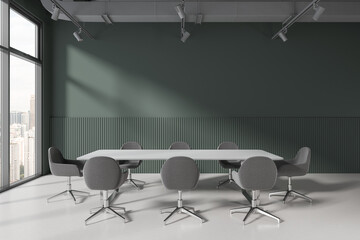 Modern office meeting room interior with table and chairs, window. Mock up wall