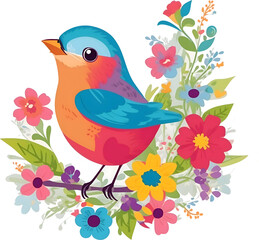 Transparent Vibrant Cute Bird Amidst a branch of Colorful Flowers and Leaves