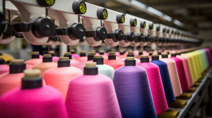 Obraz premium Spool of sewing thread, isolated on white background. Colored yarns used by factories in the clothing industry. Threads wound on the spool. Colored reels