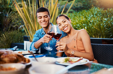 Portrait, happy couple and toast with wine glass at restaurant, bonding and having fun. Face,...