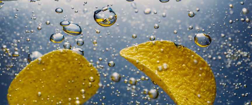 Deep fried potato chips under golden oil water. Frying rounded potatoes chip with hot boiling oil bubbles. Fast food and snack. Underwater cooking oily french fries or potatos chips in oils background