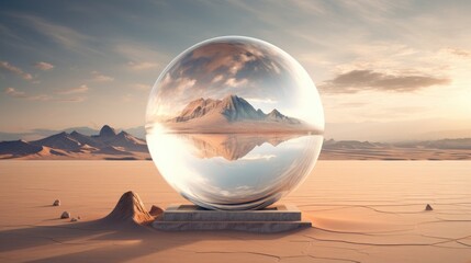 Discover a captivating image of a crystal ball magnifying the vastness of a desert landscape....