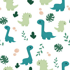 Illustration of a pattern of cute dinosaurs and plant leaves on a transparent background. Can be used to print on fabric, paper, clothing