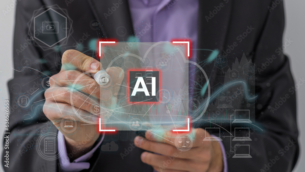 Poster hand touching hologram modern technology ai artificial intelligence is a thought-processing robot sy