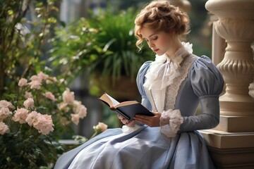 woman in victorian style clothing reading a book