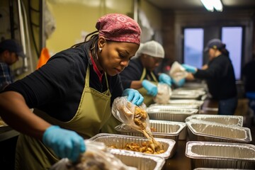 volunteers prepare food for homeless people