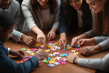 Diverse team people assembling jigsaw puzzle, multiracial group of black and white colleagues engaging in successful teamwork finding business solution, corporate unity teambuilding concept, 