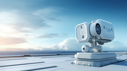 monitoring service and maintenance concept, robot camera, arm cleaning panel rooftop system under daylight by generative AI.