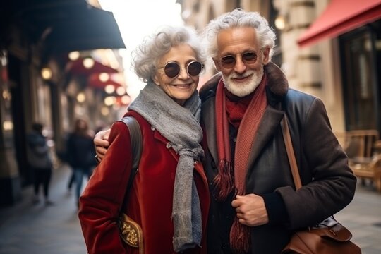 elegant senior couple gray-haired tourists with travel bags