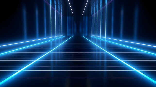 3D Render of a Room with Glowing Blue Neon Lines. Abstract Background