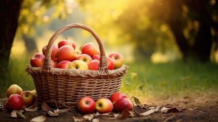 Ripe Red Apples in a Basket in the Garden created with Generative AI technology