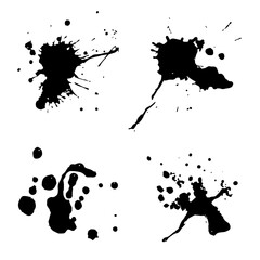 Black ink splatter isolated on white background. Vector watercolor paint brush texture. Ink splash and stain set. Grunge spray drop spatter, dirty blot splatters and splat. Abstract splash blobs