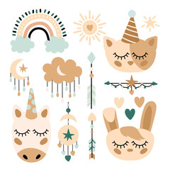 vector set of elements in boho style.