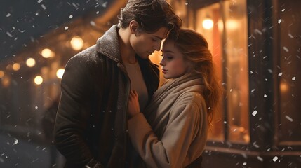 Young people, a romantic couple embracing
in snowy weather, on the eve of Christmas holidays.