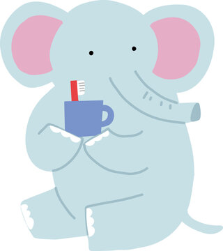 歯ブラシとコップを持っているゾウ
