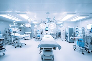 Medical devices in modern operating room take with art lighting and blue filter ,Generative AI..