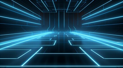 3D Render of a Room with Glowing Cyan Neon Lines. Abstract Background