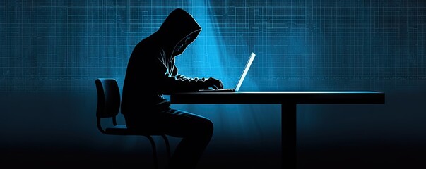 Hacker is using dark background laptop. Young man in hood doing online robbery. Battle for internet security