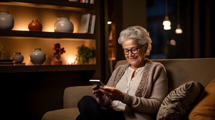 Digital Connection in Retirement: Elderly Lady with Smartphone Generative AI