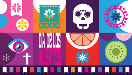 Dia de Los Muertos, Day of the Dead or Halloween  big  set elements. Sugar skulls , pepper, guitars, candle, papel picado, marigold flowers. Template  l mexico skeleton decoration. Vector illustration