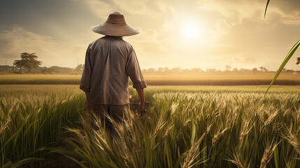 person walking in the rice field