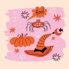Happy Halloween lettering  Cute cartoon card for kids  . Ghost, pumpkin, moon, spider, skull  Vector illustration background 