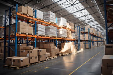 Warehouse with cardboard boxes inside on pallets racks, logistic center. Huge, large modern warehouse. Warehouse filled with cardboard boxes on shelves, boxes stand on pallets