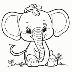 elephant childish cartoon style, vector illustration line art