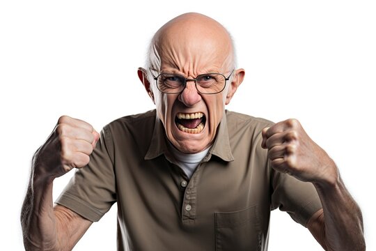 angry old man shouting and clenching his fists