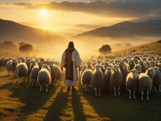 Bible Jesus Shepherd  during Sunrise with His Flock of Sheep