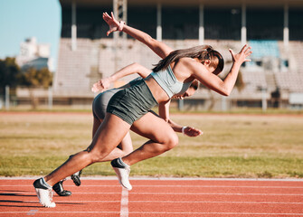 Action, sports and athlete running sprint in competition or fitness game or training for energy wellness on track. Race, stadium and athletic people or runner exercise, speed and workout performance - obrazy, fototapety, plakaty