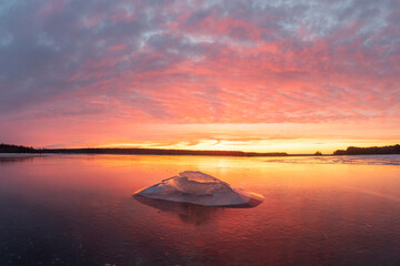 Ice figure at the Gulf of Finland, Baltic sea. March sunrise