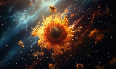 Photo of a vibrant sunflower surrounded by a celestial backdrop of twinkling stars