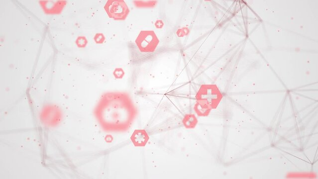 Abstract geometric background with red medical icons. Pexus lines and small particles. Health care screensaver. First aid kit, thermometer icons in hexagons. Looped motion graphics.