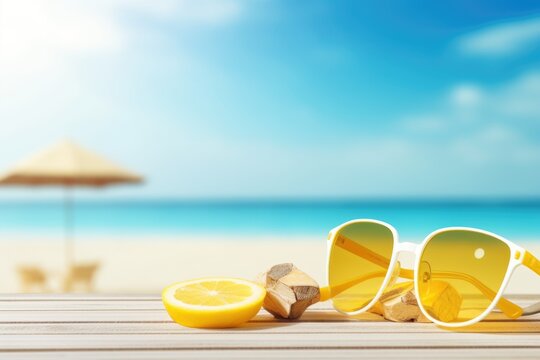 Beach Accessories On Table On Beach - Summer Holidays