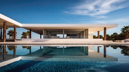Fototapeta premium Architecture, exterior of an a modern villa, Ibiza mediterranean style, with a pool. 