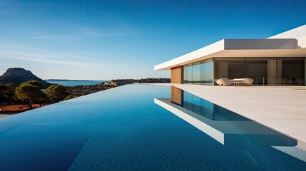 Fototapeta premium Architecture, exterior of an a modern villa, Ibiza mediterranean style, with a pool. 