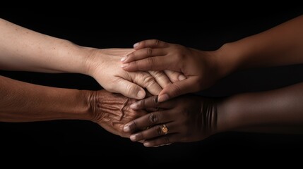 Adult human hands of different races touching each other.