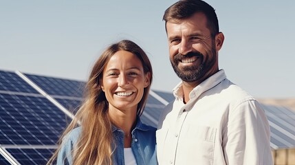 Couple with solar panels behind them.