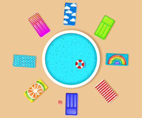 Summer vacation poster. Color inflatable mattresses around the pool. Top view. Vector illustration