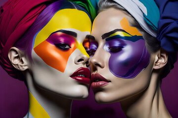Woman face made of continents and lgbt colors concept. Freedom and gender equality. Homosexual love, gay love and lesbians. Freedom to love. Free relationships between people. AI generative. - obrazy, fototapety, plakaty