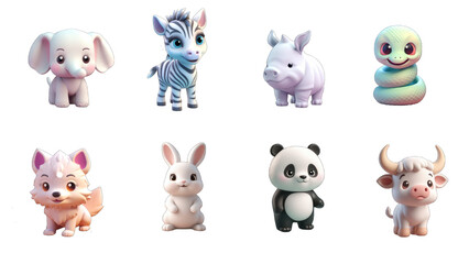 Fototapeta premium Funny little animals. elephant, zebra, rhino, snake, wolf, rabbit, panda, buffalo. 3d vector icon set, Generative AI