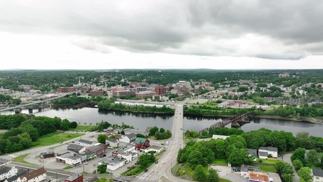 Aerial view of Bangor, Maine with the Penobscot River passing through town.