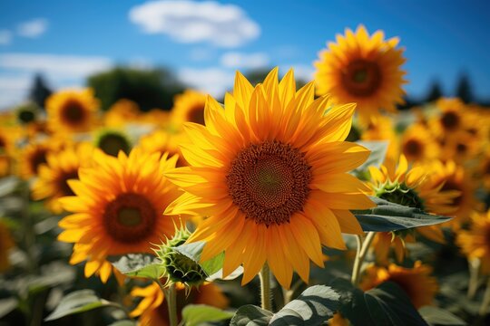 Harvesting Sunshine: Capturing the Tranquil Charm of Sunflowers in an Idyllic Agricultural Backdrop
