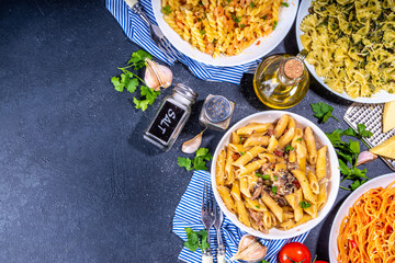 Set of cooked pasta with different sauces
