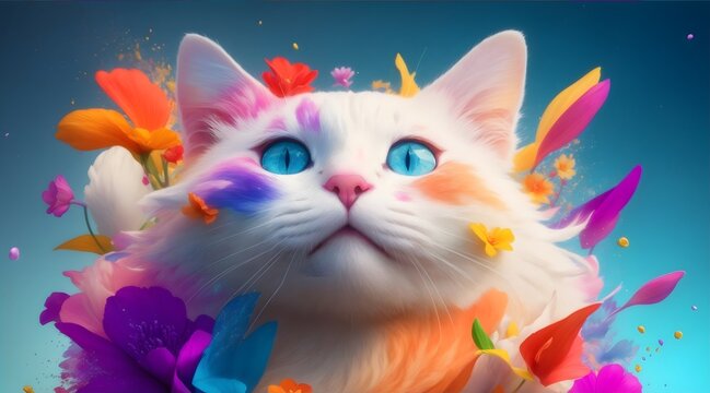 An abstract image depicts a white cat with blue eyes, surrounded by vibrant colors scattered all around.