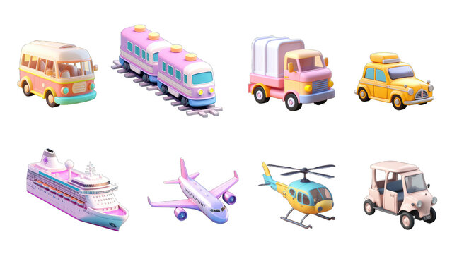 Funny public transportation. bus, truck, train, taxi, plane, helicopter, tuktuk, ship. 3d vector icon set, Generative AI
